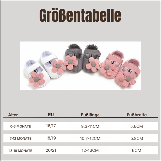 Größentabelle für Babyschuhe, weiß, grau, rosa, mit Blumen, Größen 16-21 EU, Fußlänge, Fußbreite.