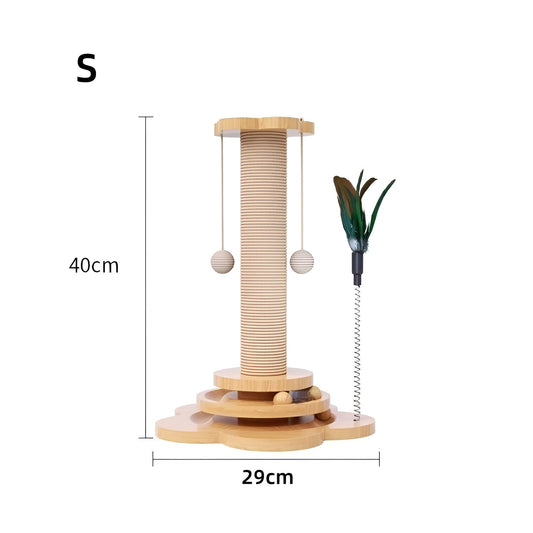 Katzenkratzbaum aus Holz, 40cm hoch, mit Spielzeugfedern und Bällen, ideal für Katzenpflege.
