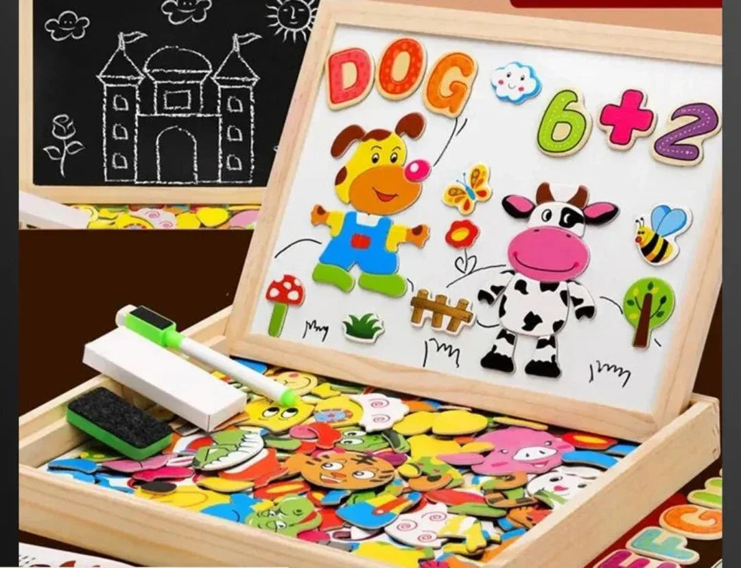 Montessori Kreativtafel aus Holz mit Magnetbuchstaben und Zahlen, bunte Tiermotive, Lernspielzeug.