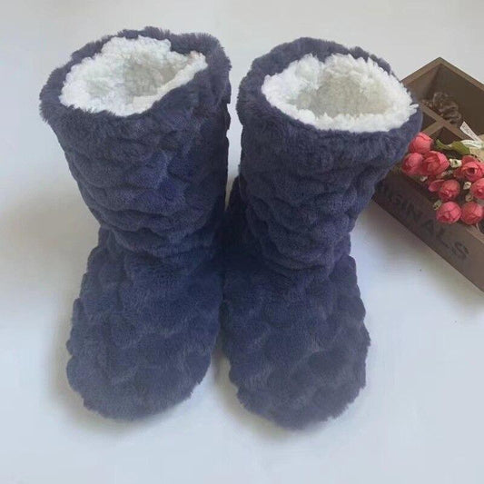 Dunkelblaue Plüsch-Hausschuhe, flauschig, warm, rutschfest, Damen, Winter, gemütlich.