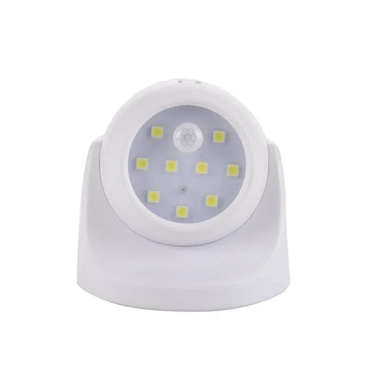 Weiße LED-Nachtlampe mit Bewegungssensor, batteriebetrieben, energiesparend, rundes Design.