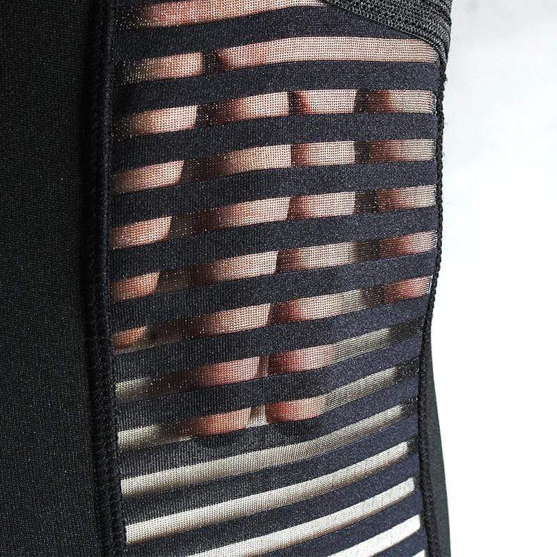 Schwarze Damen-Leggings mit transparenten Streifen, figurformend, elastisch, modisch.