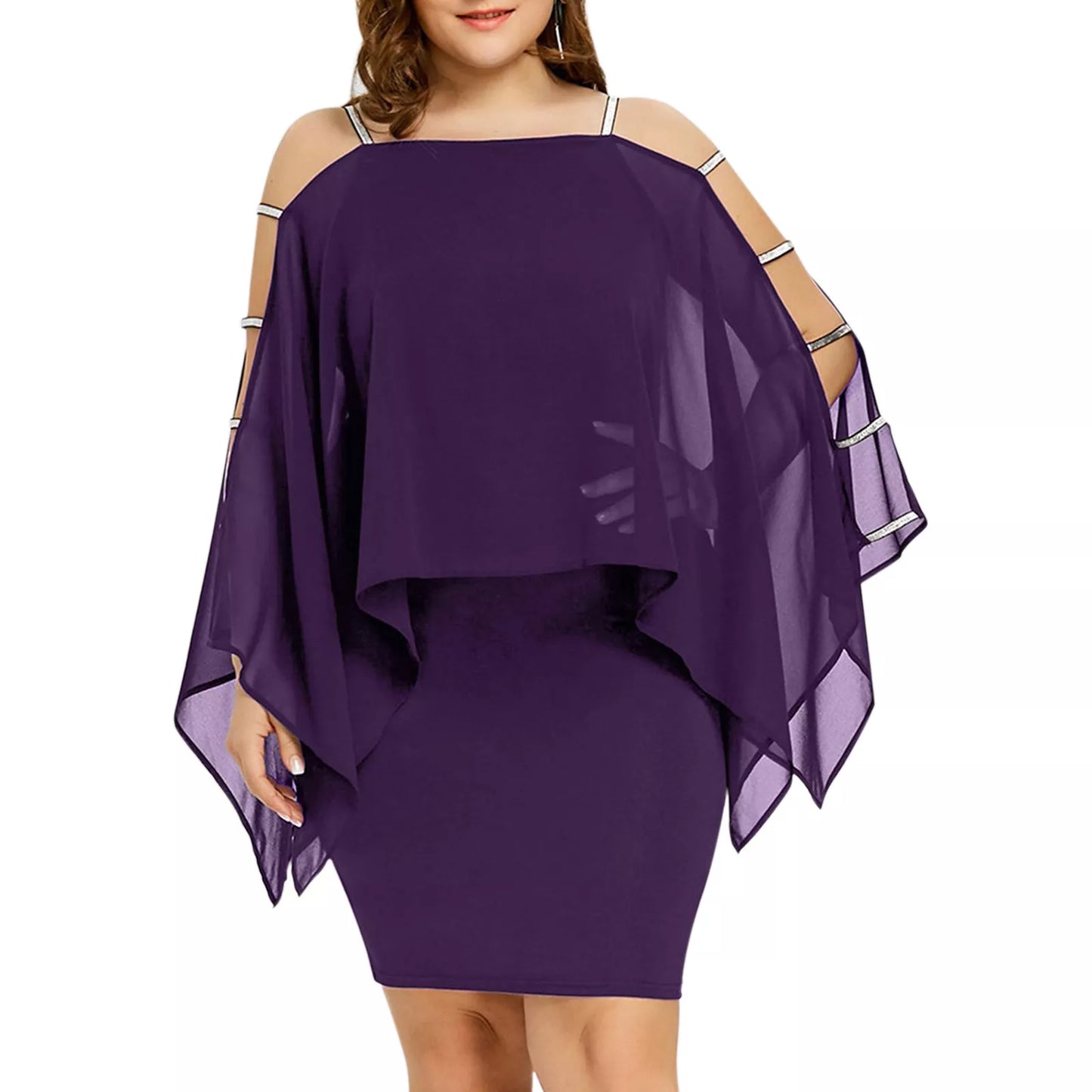 Lila Damenkleid Übergröße, schulterfrei, Chiffon, elegantes Design, Abendmode.