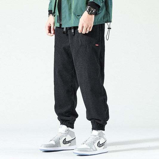 Schwarze Cordhose Herren, locker, gestreift, Hip-Hop-Stil, Herbst/Winter, Freizeitmode.