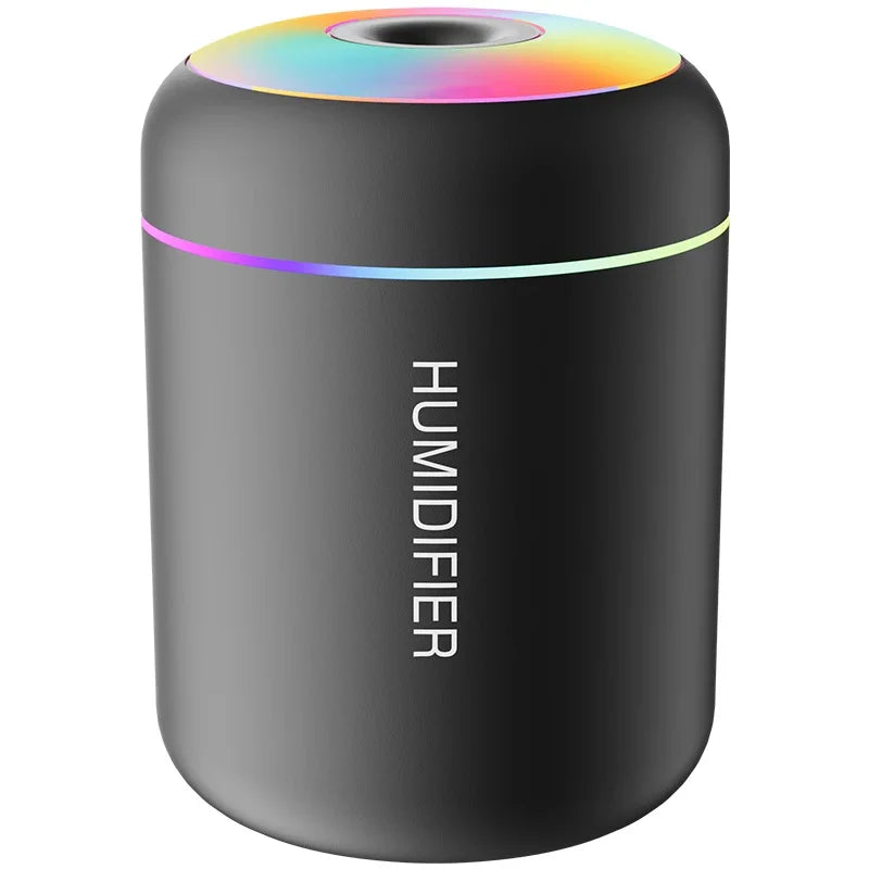 Schwarzer Luftbefeuchter mit LED-Licht, zylindrisch, modern, für Raumklima, Aromatherapie.