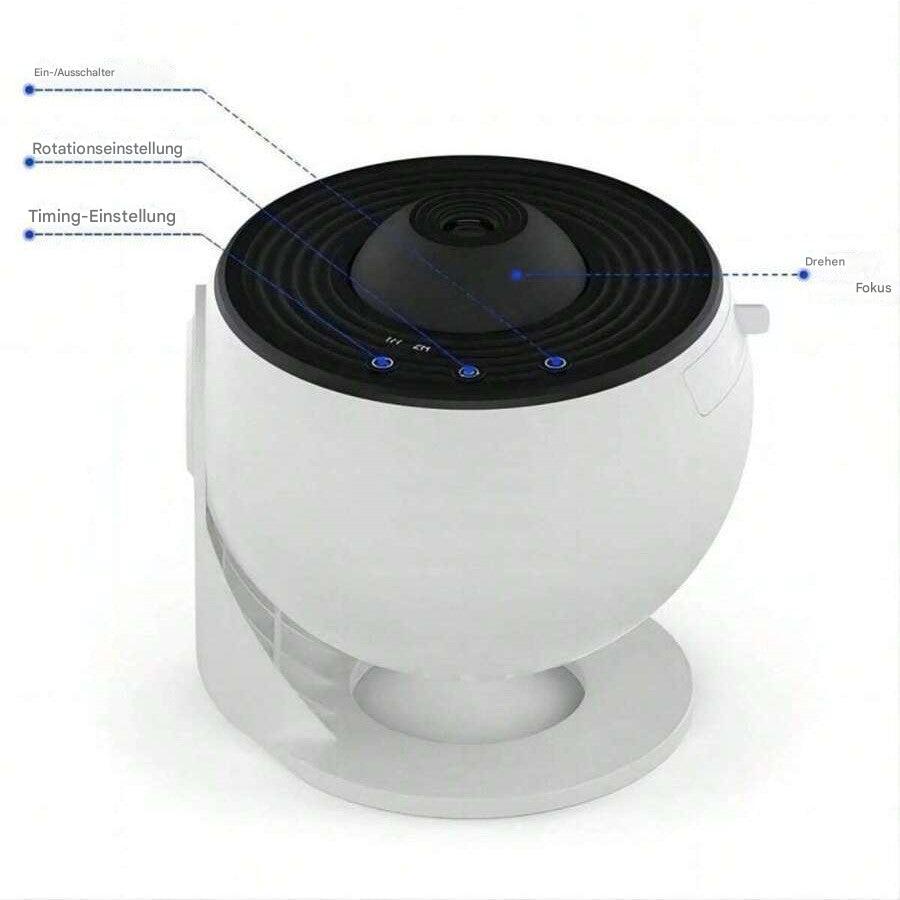 Weiße Aromatherapie-Lampe mit Rotations- und Timing-Einstellungen, modernes Design.