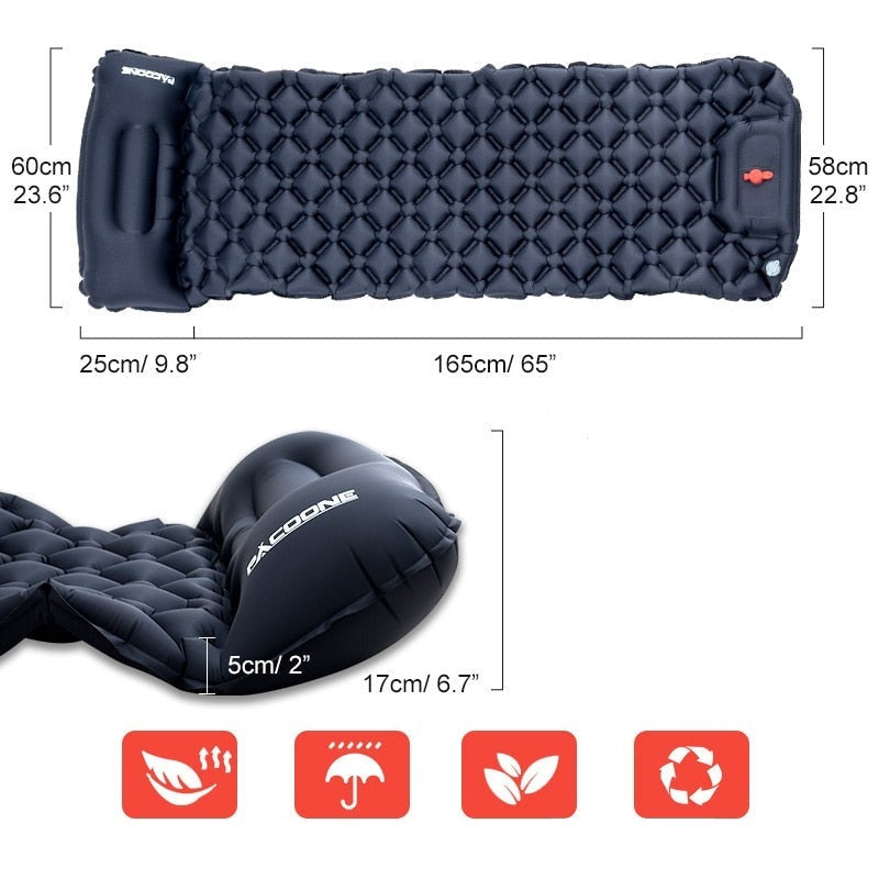 Aufblasbare Isomatte, schwarz, 165x58cm, mit Kissen, ideal für Camping und Outdoor-Aktivitäten.