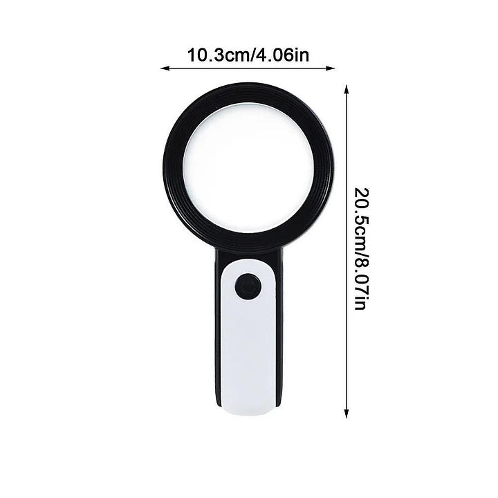 Schwarz-weiße Lupe mit LED-Licht, 10,3 cm Durchmesser, 20,5 cm Länge, Vergrößerungsglas.
