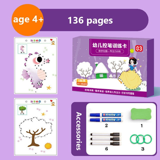Herbruikbaar kalligrafie werkboek voor kinderen, 136 pagina's, inclusief accessoires, Montessori.