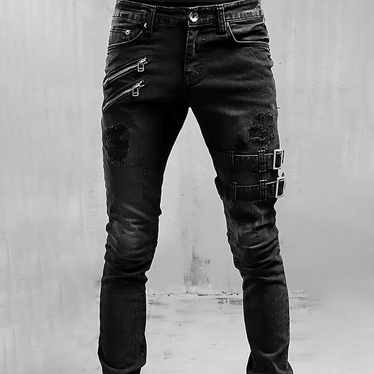 Schwarze Jeans mit Reißverschlüssen und Schnallen, modisch, urbaner Stil, Herrenmode.