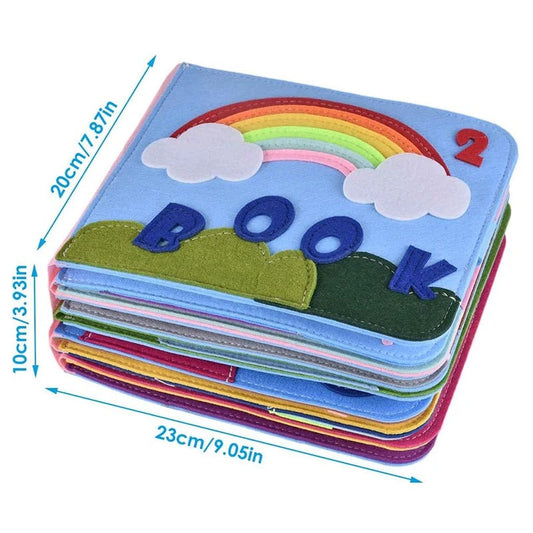 Stoffbuch für Kinder, bunt, mit Regenbogenmotiv, 23x20 cm, Lernspielzeug.