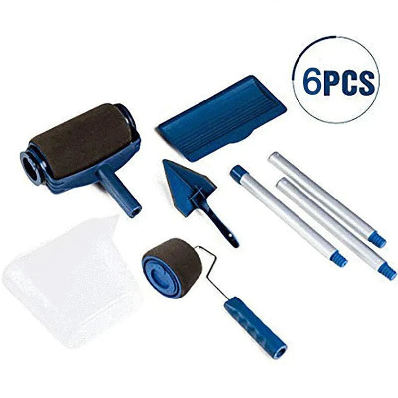 6-teiliges Maler-Set, blaue Farbroller, Pinsel, Verlängerungsstangen, Heimwerkerbedarf.