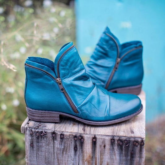 Blaue Lederstiefeletten mit Reißverschluss, modisch, warm, ideal für kalte Tage.