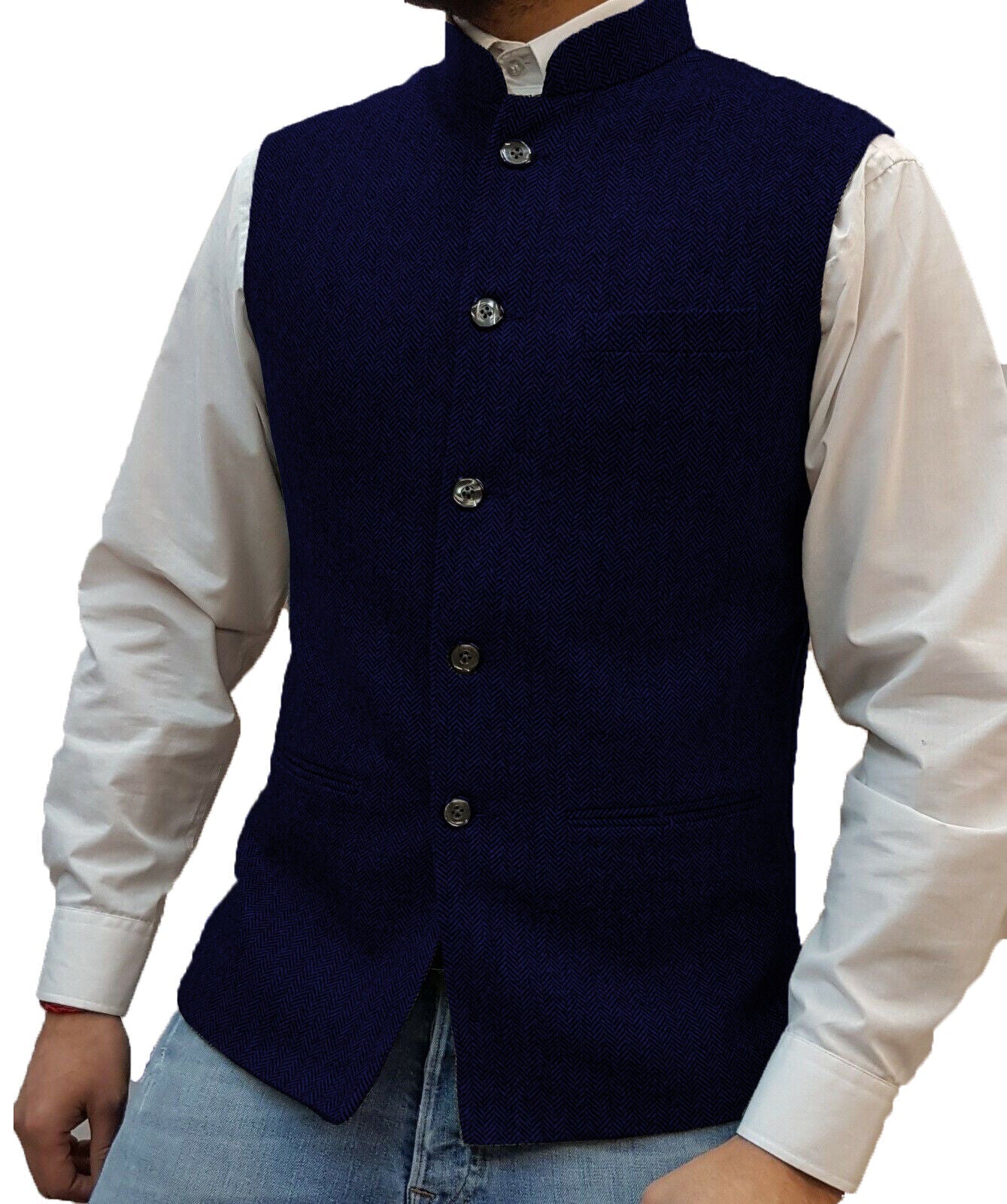 Dunkelblaue Herrenweste, Stehkragen, Knöpfe, elegantes Design, Herrenmode, Freizeitkleidung.