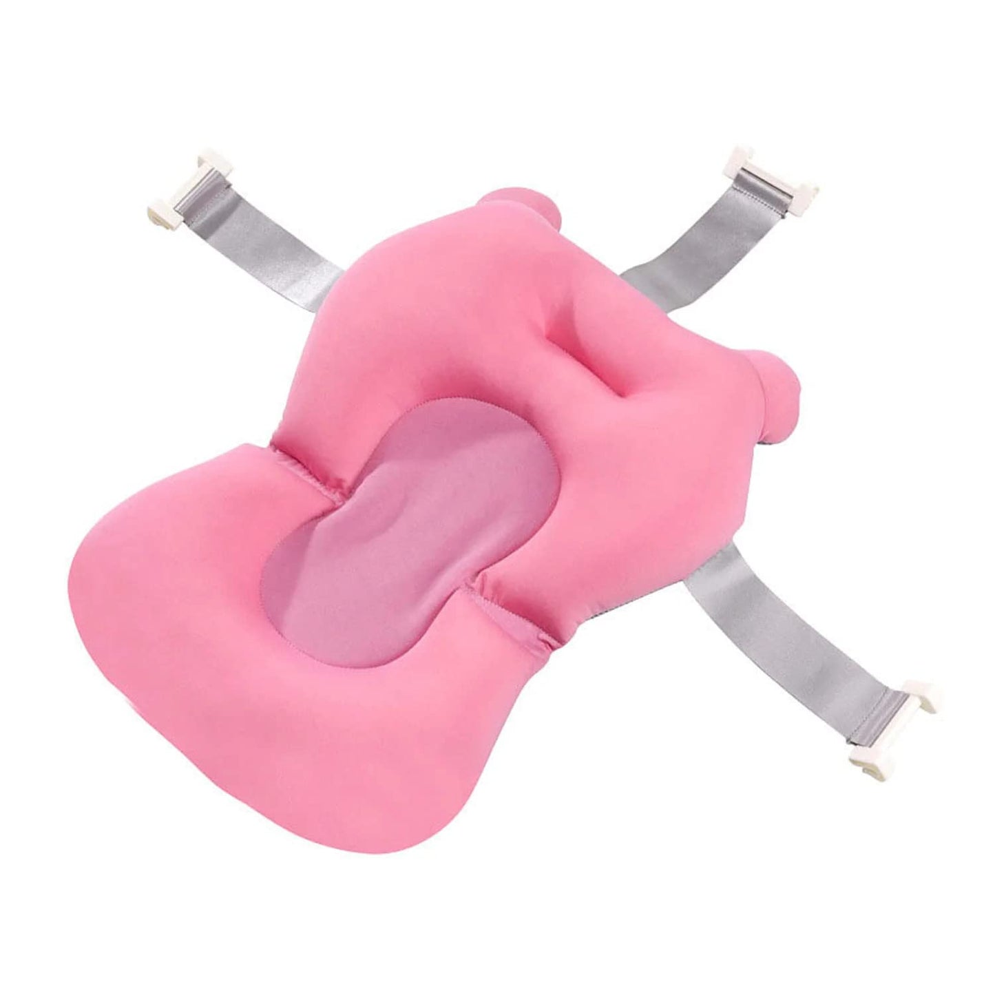 Rosa Baby-Badewannensitz, ergonomisch, mit grauen Gurten, weiches Material, Sicherheit.