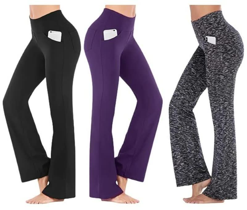 Drei Damen-Yoga-Leggings mit Taschen, schwarz, lila, grau meliert, bequem und dehnbar.