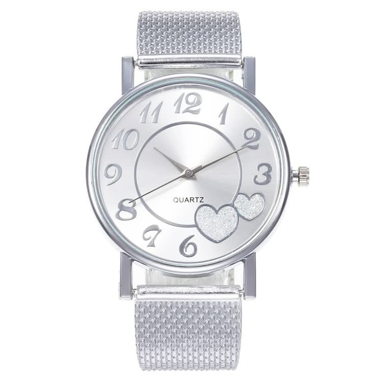 Silberne Damenarmbanduhr mit Herzdesign, Quarzwerk, Metallarmband, modisch, elegant.