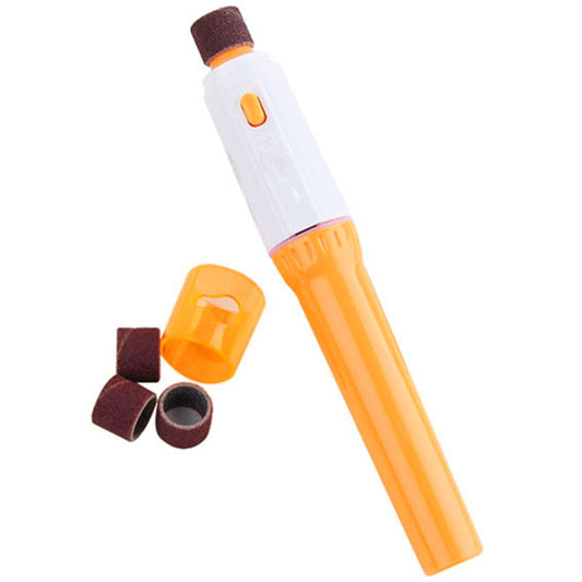 Elektrische Nagelfeile orange, batteriebetrieben, mit Schleifaufsätzen für Haustiere.