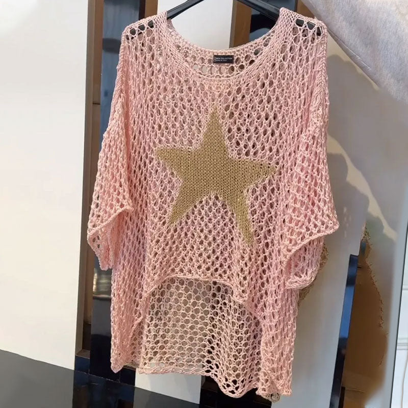 Stickad nättröja med rundringning och virkade mönster – Noelle