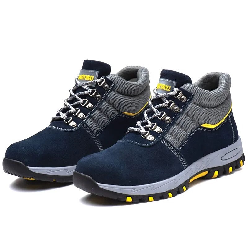 Blaue Sicherheitsschuhe, rutschfest, Stahlkappe, Arbeitsstiefel, Herren, robust, bequem.