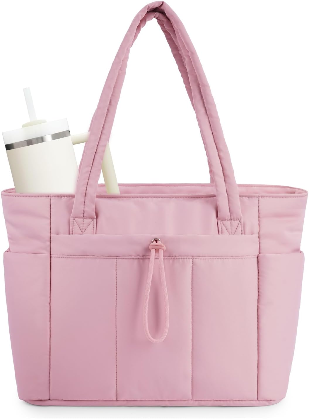 Vadderad puffer-tote med mugghållare och laptopfack för resor och arbete.