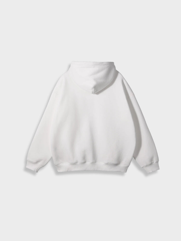 Weißer Kapuzenpullover aus Baumwolle, Unisex, Rückansicht, lässiger Stil, modisch.