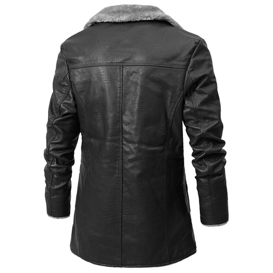 Schwarze Lederjacke mit Kunstfellkragen, Herrenmode, stilvoller Wintermantel, Rückansicht.