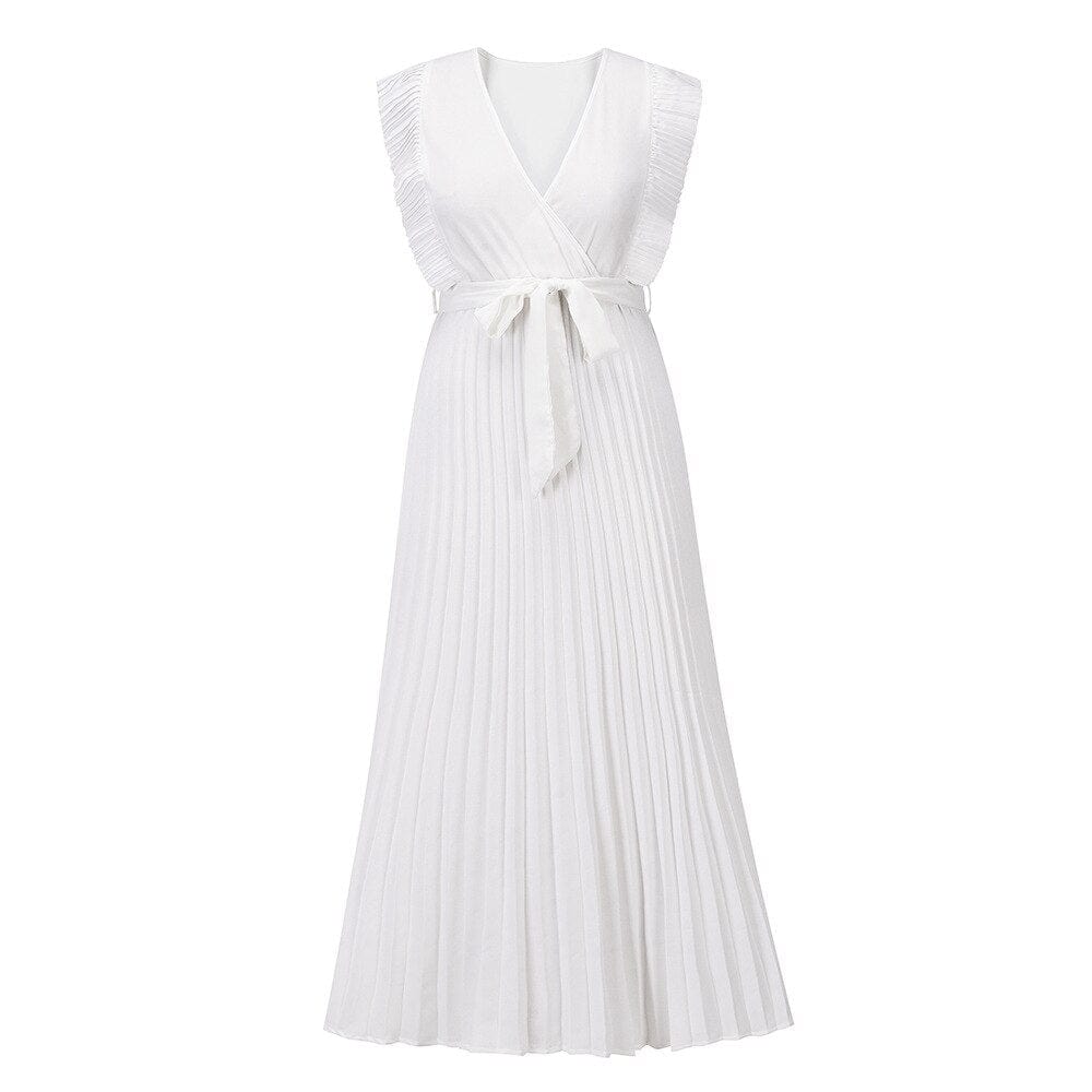 Weiße Boho-Brautkleid mit V-Ausschnitt, ärmellos, plissiert, für Hochzeitsfeier.