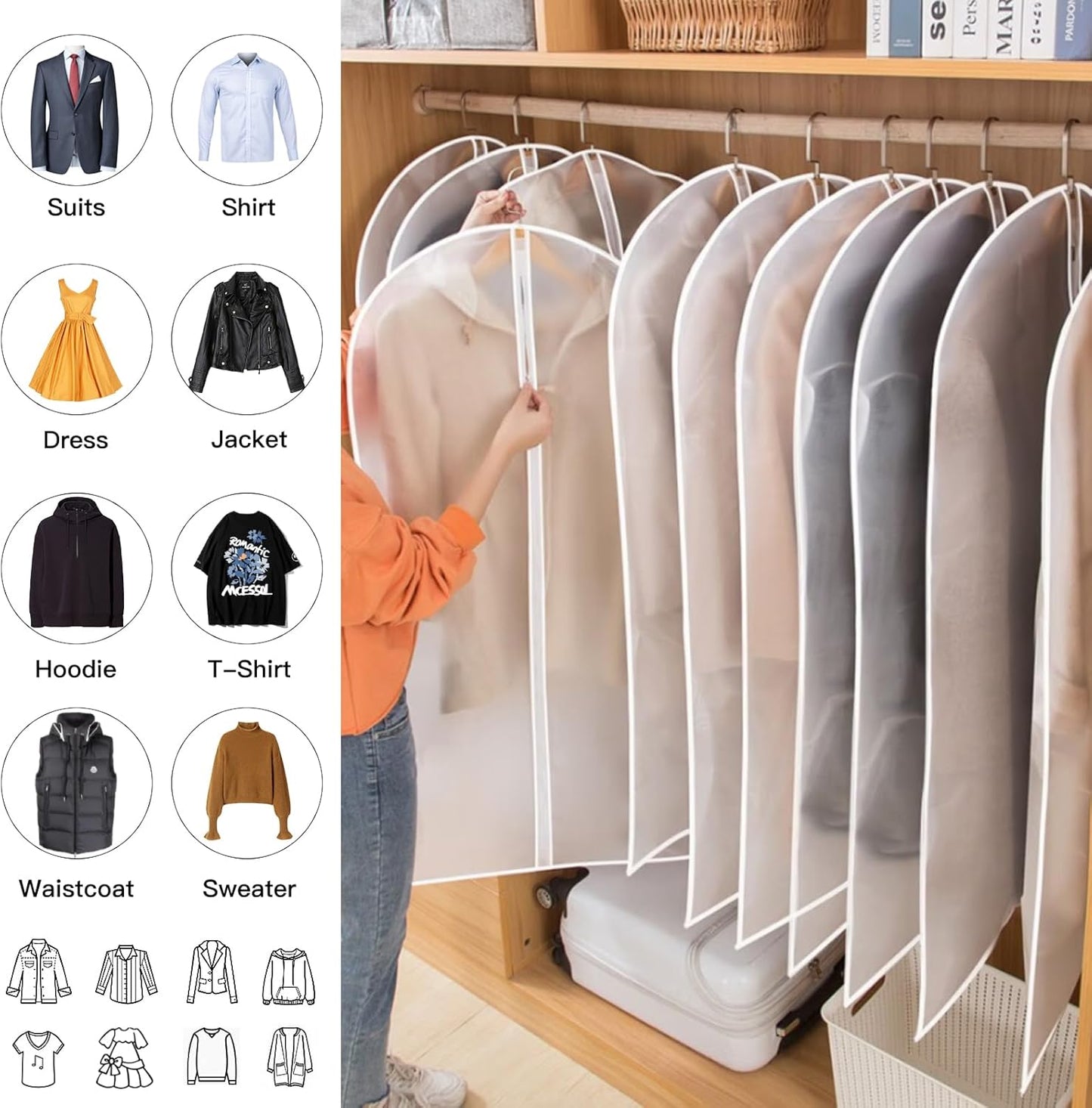 PEVA-klädpåseset – 12-pack med hängande klädöverdrag i 3 storlekar (Köp 1, få 1 GRATIS)