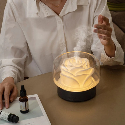 Rosenförmiger Aromadiffusor, LED-Licht, Glasabdeckung, Tischdekoration, Entspannung.
