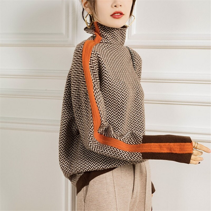 Damen Rollkragenpullover, gestreift, warm, Strick, Kontrastfarben, Herbst Winter Mode.
