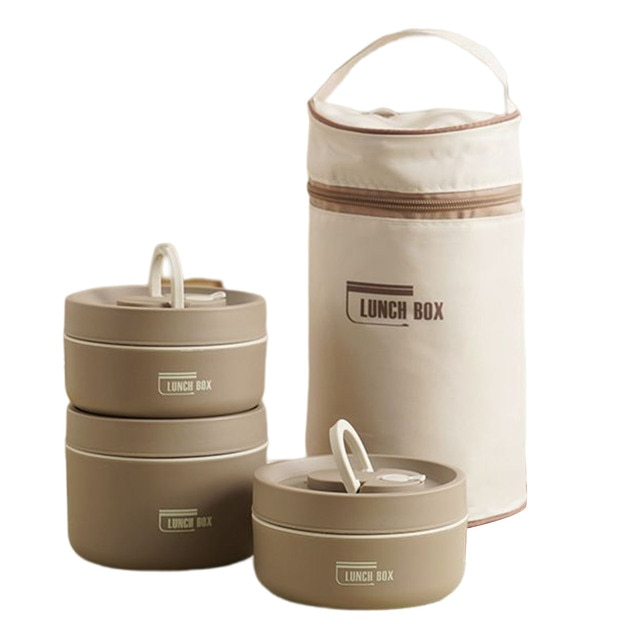Thermische Lunchbox Set, beige, stapelbar, mit Aufbewahrungstasche, Bento-Box, isoliert.