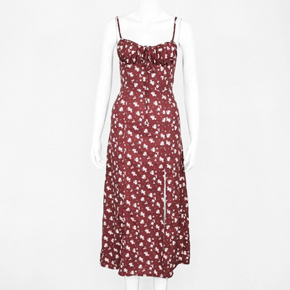 Rote ärmellose Vintage-Kleid mit Blumenmuster, Damen Midi-Länge, Spitze vorne, seitlicher Schlitz.