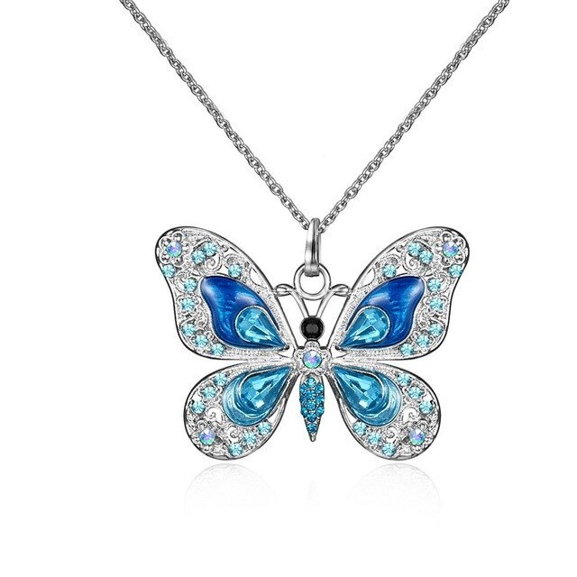 Silberne Schmetterling Halskette mit blauen Kristallen, Damen Schmuck, Party Geschenk.