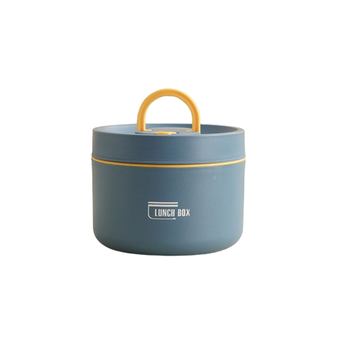 Blaue Bento-Lunchbox aus Edelstahl, mehrschichtig, tragbar, mit gelbem Griff.