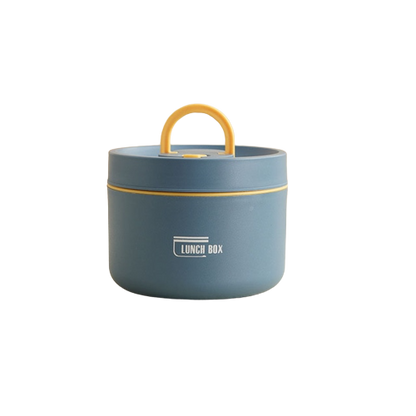 Blaue Bento-Lunchbox aus Edelstahl, mehrschichtig, tragbar, mit gelbem Griff.