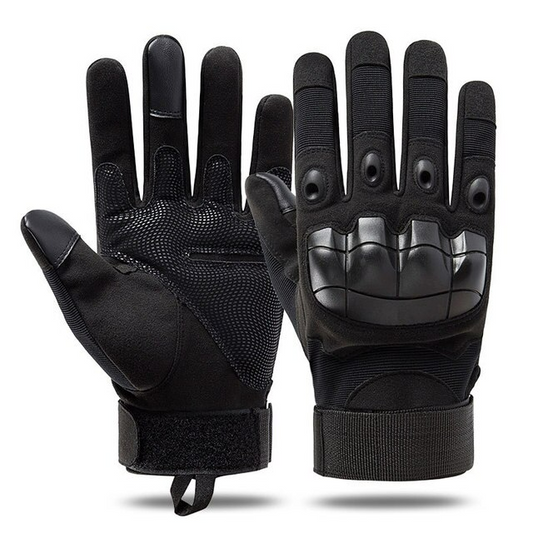 Schwarze taktische Handschuhe, Vollfinger, Touchscreen-fähig, für Motorrad und Outdoor-Aktivitäten.