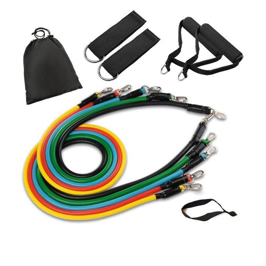 Fitness-Widerstandsbänder Set, bunt, mit Griffen und Tasche, für Krafttraining und Heimtraining.