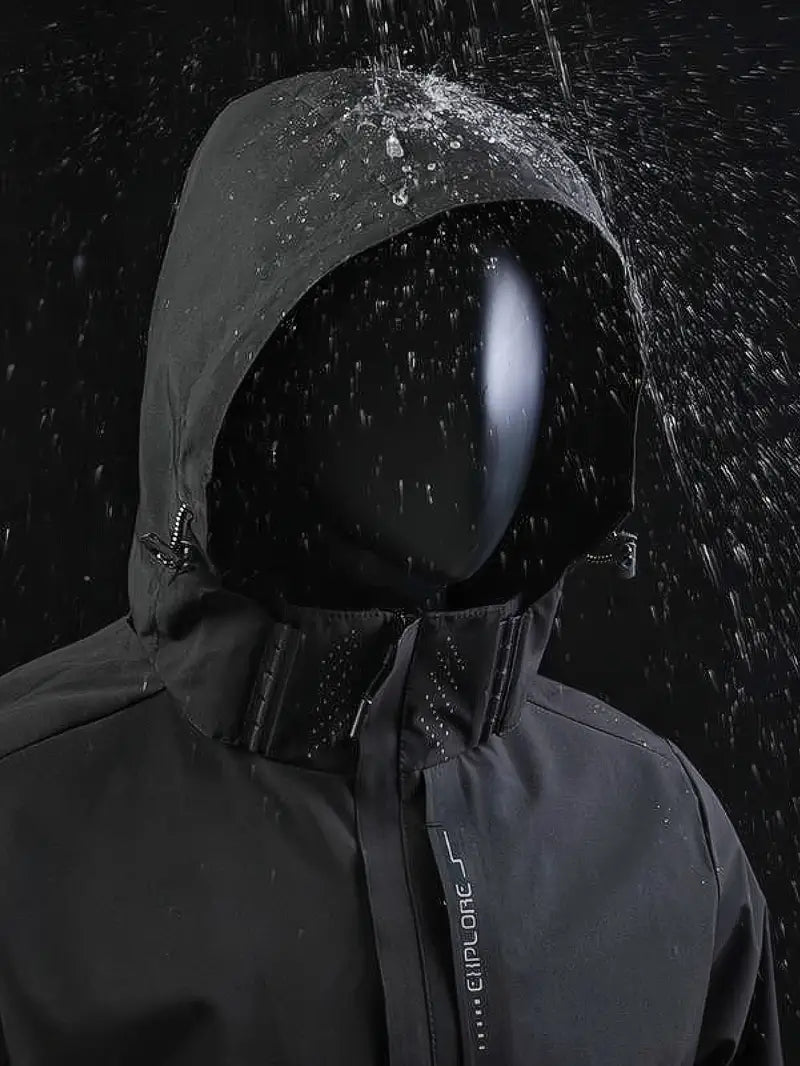 Wasserdichte schwarze Outdoor-Jacke mit Kapuze, wasserabweisend, ideal für Regenwetter.