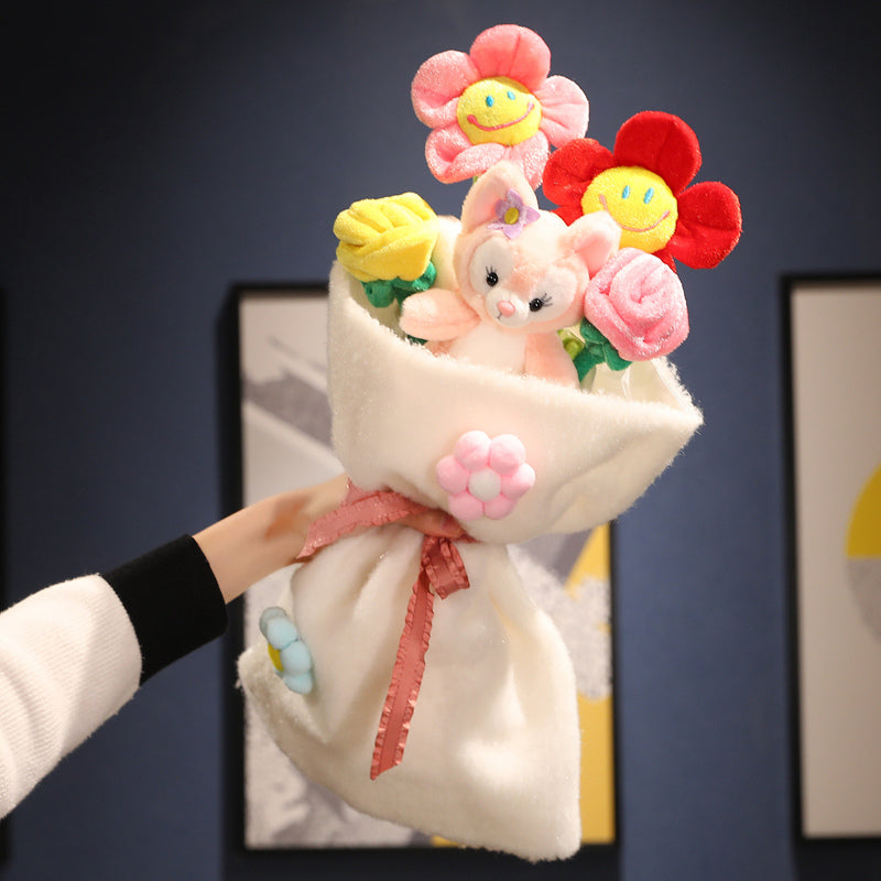 Plüschstrauß mit bunten Blumen und Stofftier, Geschenkidee, weißer Stoff, rosa Schleife