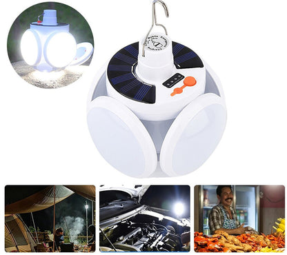 Tragbare LED-Campinglampe mit Solarpanel, weiß, für Outdoor-Aktivitäten und Notbeleuchtung.