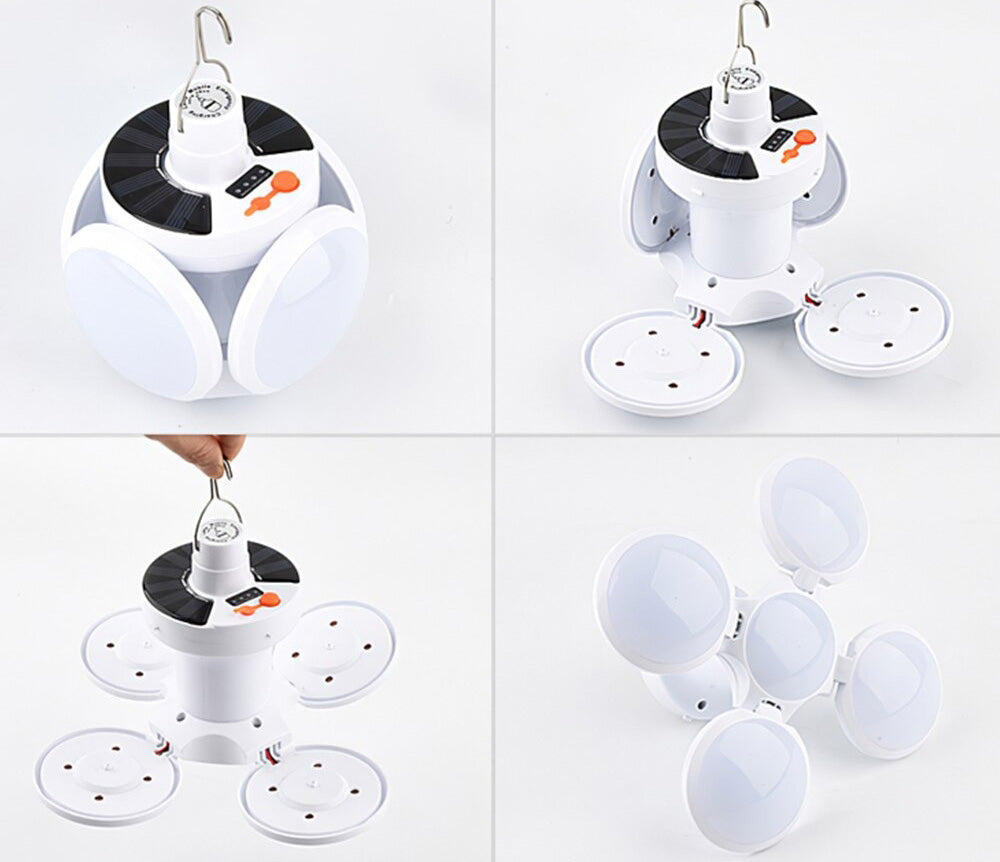 Weiße LED-Solarlampe mit faltbaren Panels, tragbar, für Camping und Outdoor-Aktivitäten.