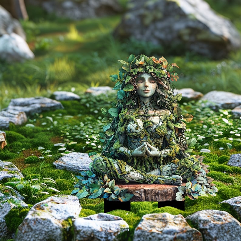 Meditationsfigur med bladkrans och slutna ögon, sittande på en stubbe på mossa bland ljusa stenar. 19