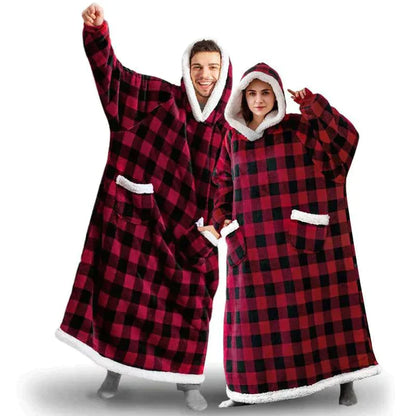 Rote karierte Kuscheldecke mit Kapuze, Unisex, warm, bequem, ideal für kalte Tage.