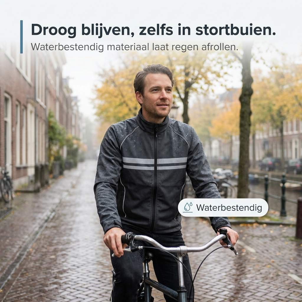 Man i mörk cykeljacka med reflexränder cyklar längs en blöt kullerstensgata, regndropparna rinner av jackans tyg. 2