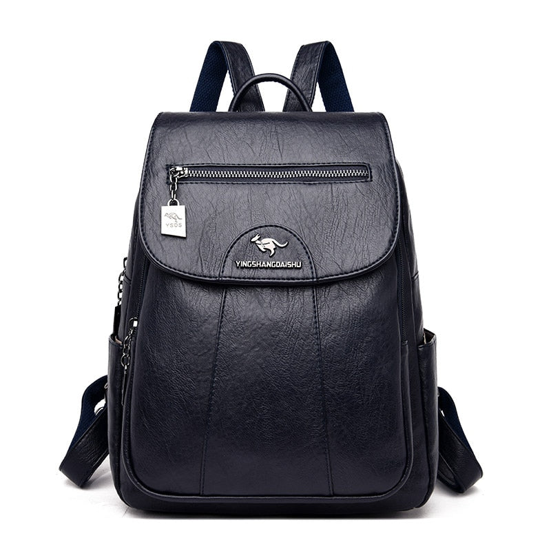 Schwarzer Leder-Rucksack mit Reißverschluss, modisch, geräumig, ideal für Reisen und Alltag.