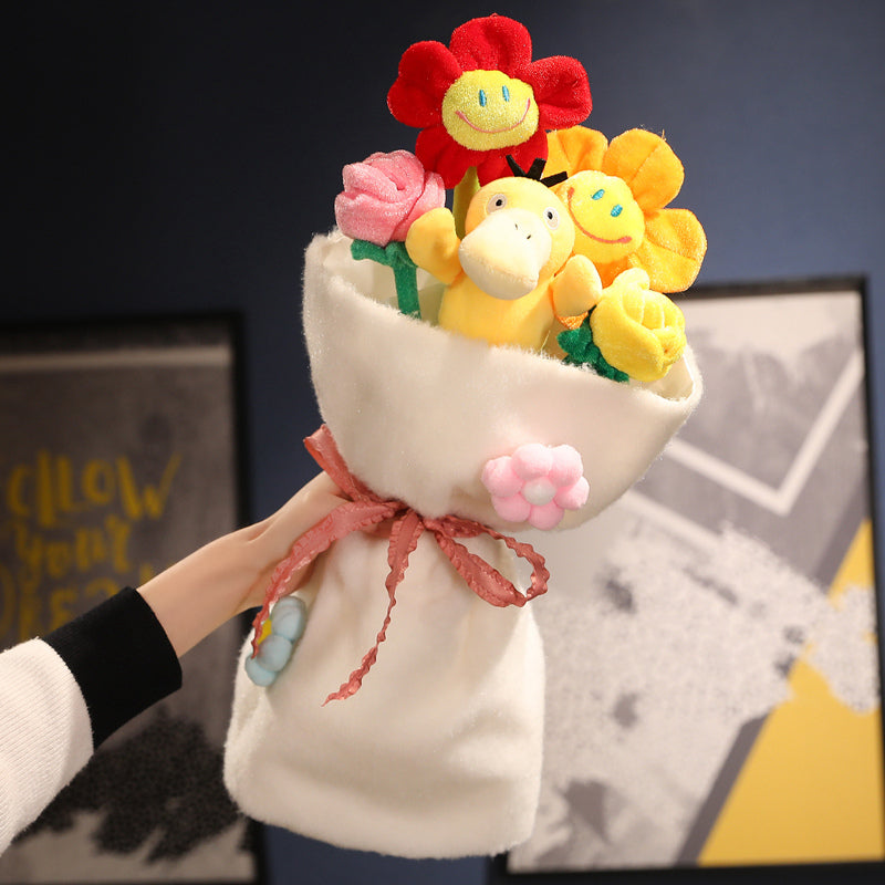 Plüschblumenstrauß mit gelben und roten Blumen, Geschenkidee, Dekoration, Handgemacht.