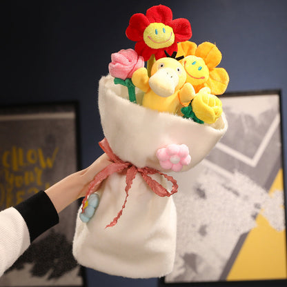 Plüschblumenstrauß mit gelben und roten Blumen, Geschenkidee, Dekoration, Handgemacht.