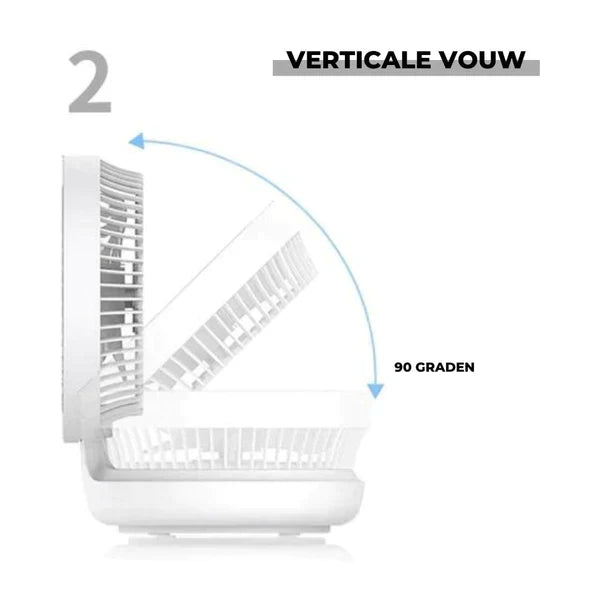 Weißer, vertikaler Faltventilator, 90 Grad, kompakt, platzsparend, modernes Design.