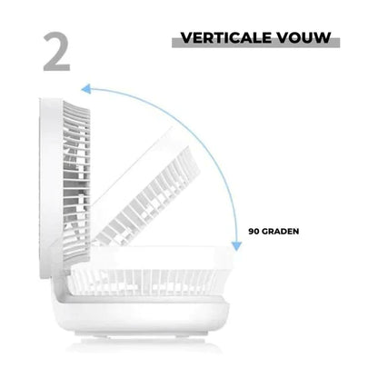 Weißer, vertikaler Faltventilator, 90 Grad, kompakt, platzsparend, modernes Design.
